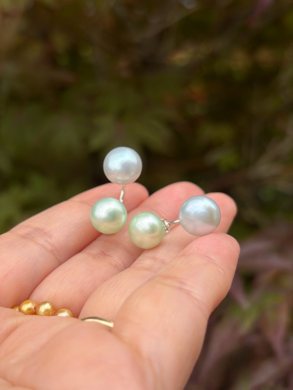 Double Pearl Stud Earrings in Pastel Green Light Blue/ Natural freshwater pearls